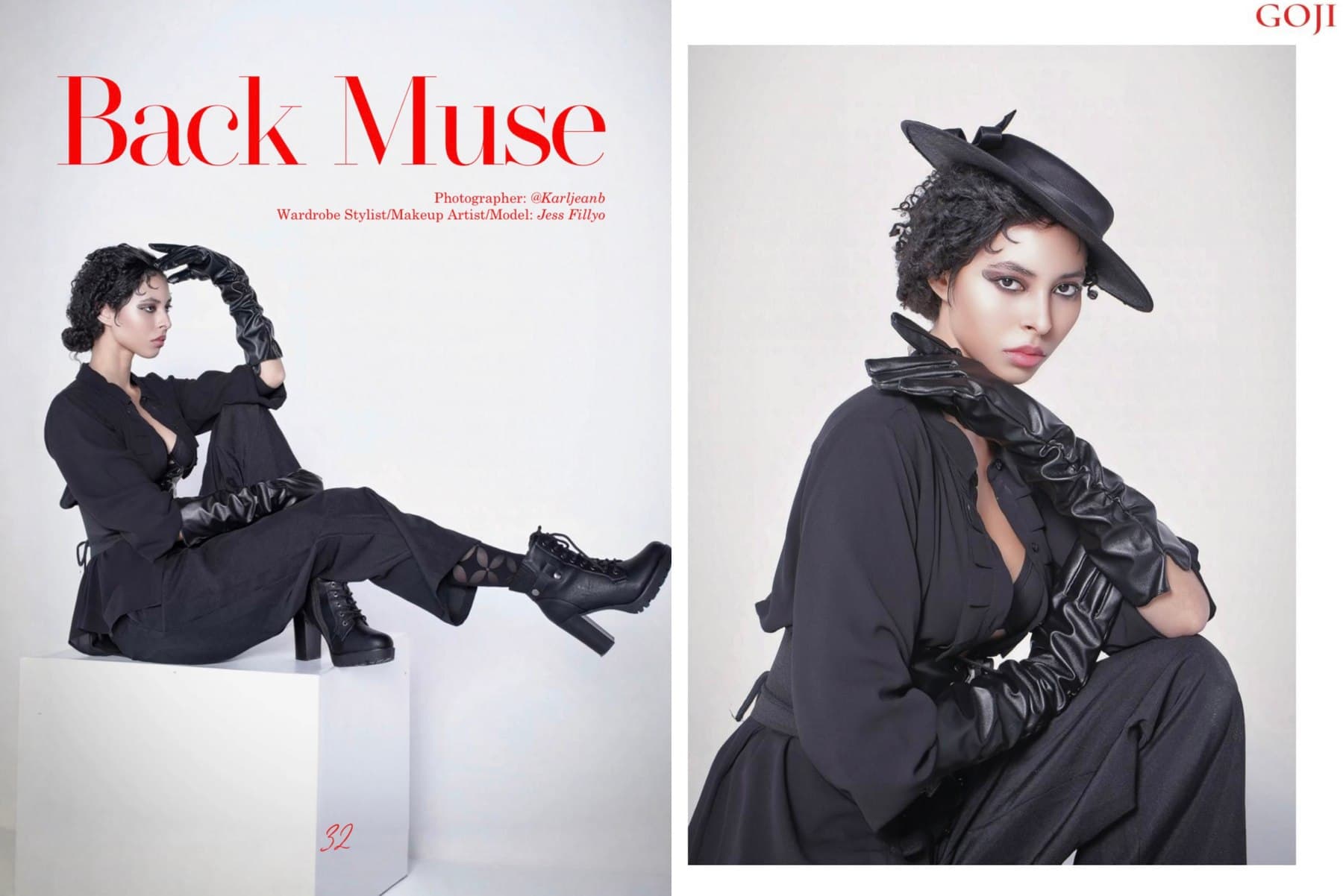 GOJI Magazine tearsheet: the Back Muse title spread, Jess seated on a white cube in black tailoring