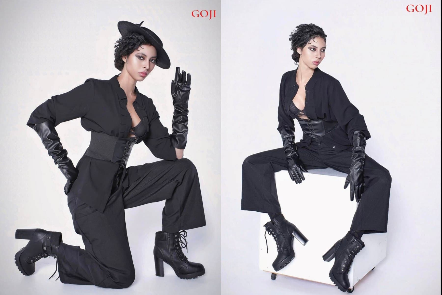 GOJI Magazine tearsheet: double-page spread of Jess in black tailoring